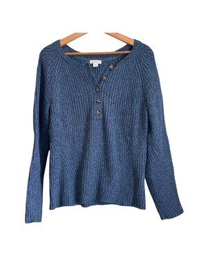 Sundance Womens Ribbed Knit Henley Sweater Size M Blue Cotton Silk Boho Casual